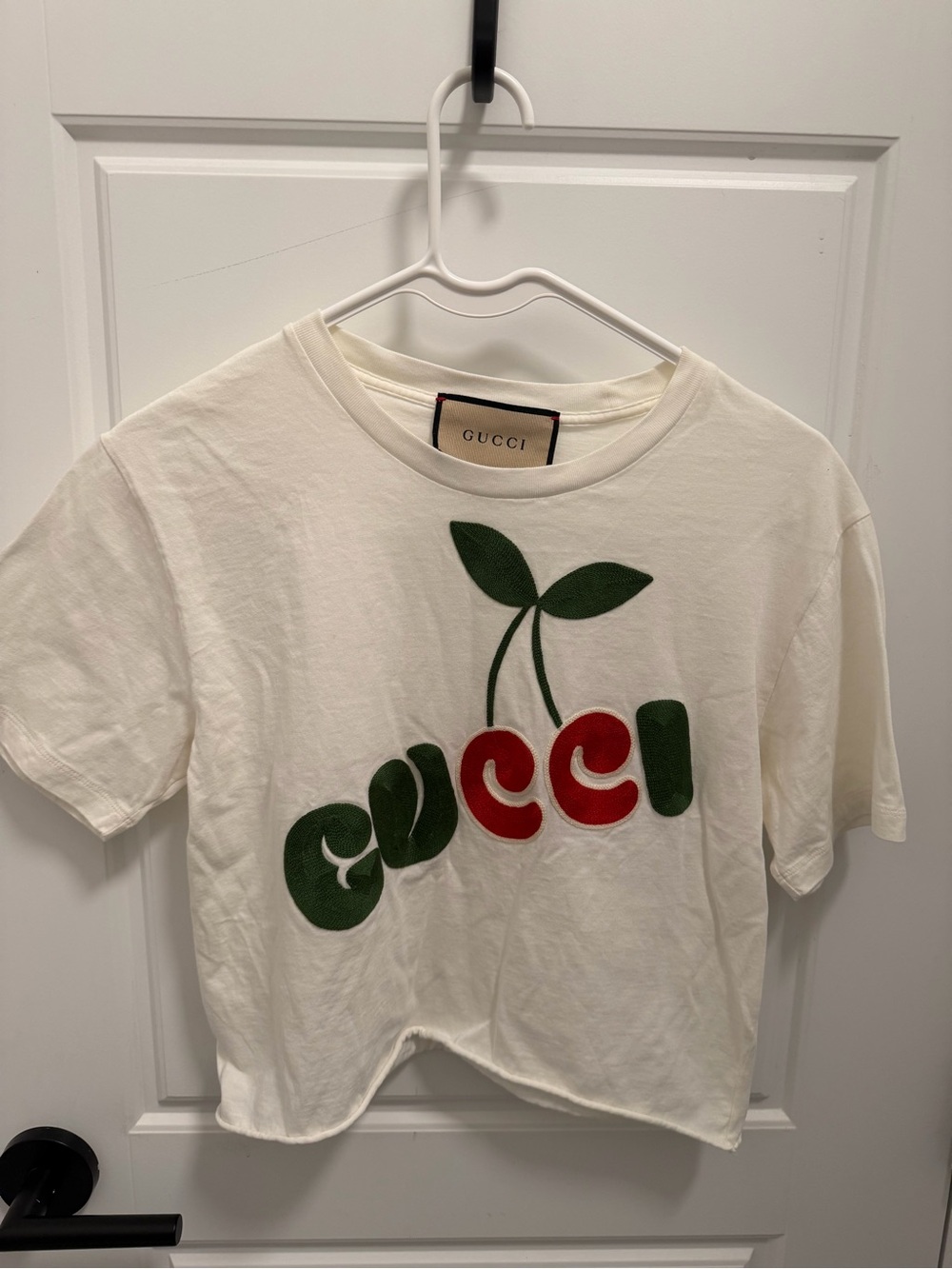 Gucci Cream Tee with Green Leaves and Red Cherry Logo